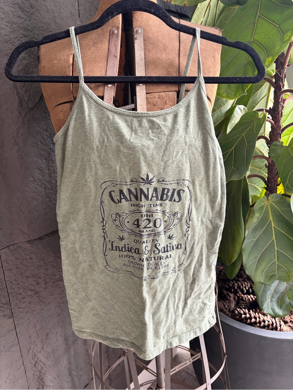 Forever 21 Olive Green Cannabis Graphic Spaghetti Strap Tank